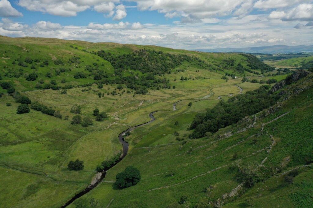 Bird's-eye view of Swindale Valley with a re-wiggled Swindale Beck flowing through the middle